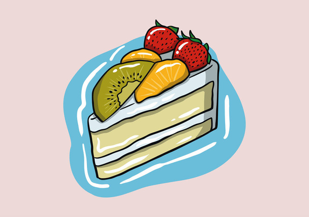 Colorful sweet fruit cake slice. A piece of cake for happy birthday, weddings, celebrations, greeting, valentine's day invitation cards. Cute fruit cream cake. Vector illustration in flat style. - Vektori, kuva