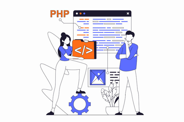 Web development concept with people scene in flat outline design. Woman and man working with php programming and creating website layouts. Vector illustration with line character situation for web - Vector, Image