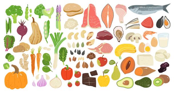 Sbírka ručně kreslených potravinářských ilustrací izolovaných na bílém pozadí. Balíček čerstvé chutné zeleniny, ovoce, mléčné výrobky, ryby a maso. zdravé zdravé jídlo. - Vektor, obrázek