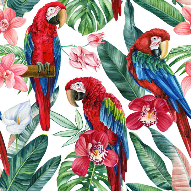 Patrón sin costura tropical de moda floral con hojas de palma en estilo acuarela. Flor, hoja y ave. ilustración de alta calidad - Foto, imagen