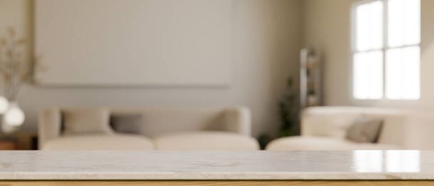 Mesa de mármol blanco con espacio de copia para la exhibición de su producto sobre la sala de estar cómoda borrosa en el fondo. imagen de primer plano. 3d render, ilustración 3d - Foto, Imagen