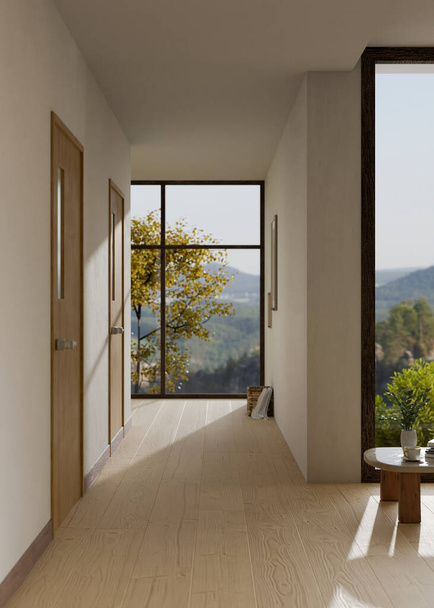 Moderní moderní domácí nebo bytový koridor interiéru s moderními dřevěnými dveřmi, velkým oknem a domácí výzdobou. Design interiéru chodby nebo chodby. 3D vykreslení, 3D ilustrace - Fotografie, Obrázek
