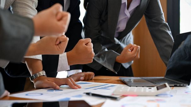 Successful businesspeople celebrating at the meeting room. winning, victory, success negotiation, cheer up, achievement hand gesture. cropped image - Photo, Image