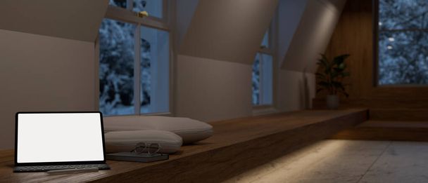 Digitální tablet bílý displej mockup s bezdrátovou klávesnicí je na dlouhé dřevěné lavičce v moderním obývacím pokoji. 3D vykreslování, 3D ilustrace - Fotografie, Obrázek
