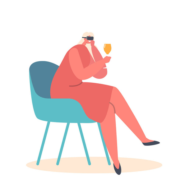 Giovane donna allegra in occhiali Vr bere alcol seduto sulla sedia a casa o al bar. Personaggio femminile che tiene in mano il bicchiere da vino Comunicare nel ciberspazio virtuale. Illustrazione del vettore della gente del fumetto - Vettoriali, immagini