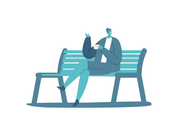 Junge männliche Figur mit Kaffeetasse, die isoliert auf einer Bank auf weißem Hintergrund sitzt. Mann in moderner Kleidung verbringt Zeit im Freien auf der Straße oder im Stadtpark. Cartoon People Vektor Illustration - Vektor, Bild
