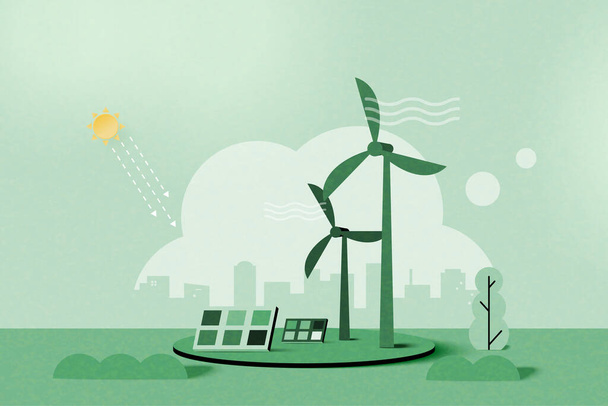 Green alternative renewable energy. Green eco friendly nature landscape background.Paper art of ecology and environment concept.Vector Illustration. - Vektori, kuva