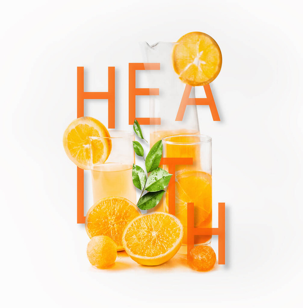 Orange juice in glasses and pitcher with fresh orange fruits slices, leaves and ice cubes with word health at white background. Healthy lifestyle concept. Summer drinks - Photo, image