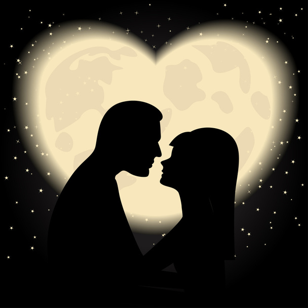 Silhouette of lovers on a background of the moon like the heart - Vektor, Bild