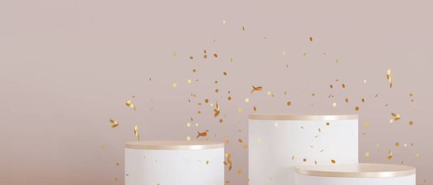 Ensemble de podiums blancs et dorés avec confettis tombants sur fond beige. Podiums élégants pour le produit, présentation cosmétique. Maquette-toi. Piédestal, plateforme pour produits de beauté. Scène vide. rendu 3D - Photo, image