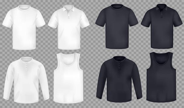 Roupa interior realista para homens com camisetas brancas e pretas em branco vista frontal isolada na ilustração vetorial de fundo transparente - Vetor, Imagem