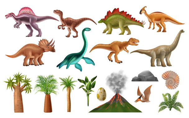 Dinosaurios especies y elementos de paisaje período jurásico conjunto realista ilustración vectorial aislado - Vector, Imagen