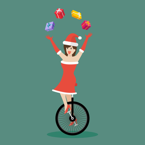 Weihnachtsmädchen jongliert mit Geschenkboxen auf dem Einrad. Frohe Weihnachten. Vektorillustration - Vektor, Bild
