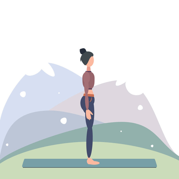 Женщина практикует йогу в горной позе или Тадасане на вершине горы. Может использоваться для плаката, баннера. Векторная иллюстрация - Вектор,изображение