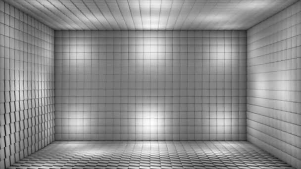Пульсирующий Hi-Tech, ослепляющий иллюминированными кубиками зал, сцена, Grayscale, 3D, Loopable, 4K - Кадры, видео