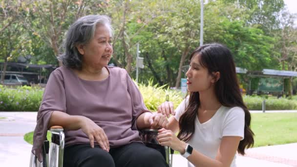 Tekerlekli sandalyedeki hastayla ilgilenen Asyalı dikkatli bir bakıcı ya da hemşire. Bakıcının, birikimin ve sağlık sigortasının özenle mutlu emeklilik kavramı. Mutlu bir aile. - Video, Çekim