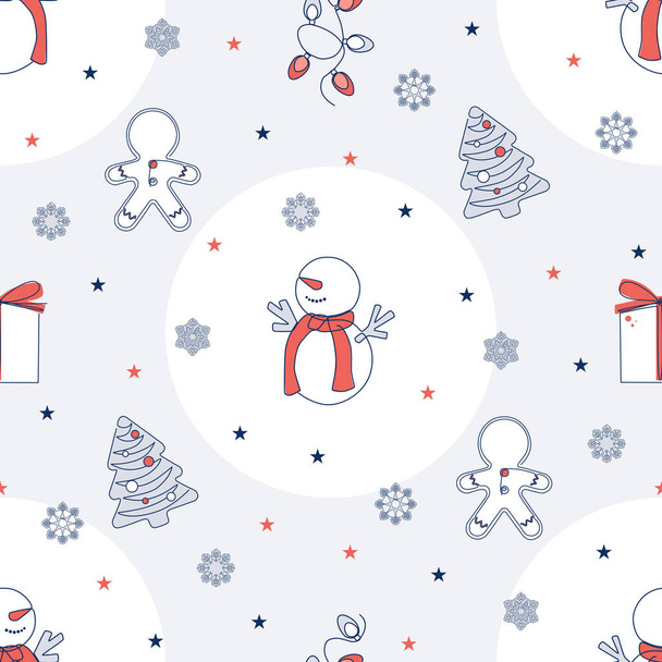 Patrón sin costuras de Navidad con muñeco de nieve, pan de jengibre, árbol de Navidad, regalos en diseño plano - Vector, imagen