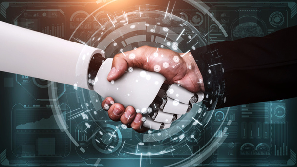 3D rendering hominoid robot handshake to collaborate future technology development by AI thinking brain, artificial intelligence and machine learning process for 4th industrial revolution. - 写真・画像