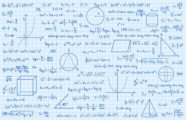 Wiskunde theorie en wiskundige formule. Handgeschreven symbolen geïsoleerd op blauwe achtergrond met handgetekende formules gebruikt voor schoolonderwijs en papierwerk. Vectorillustratie - Vector, afbeelding