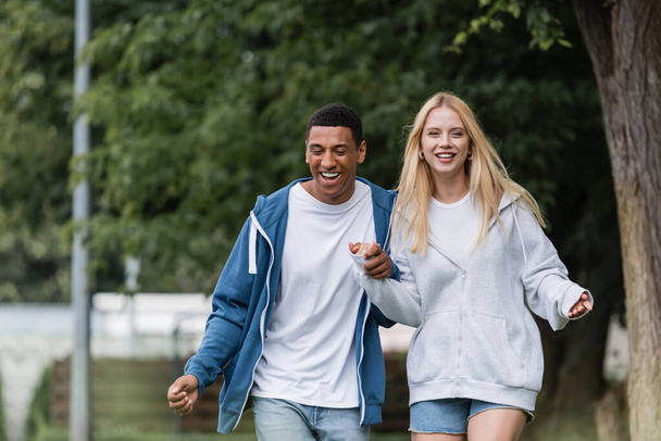 cheerful multiethnic couple in hoodies holding hands while walking in green park - Valokuva, kuva
