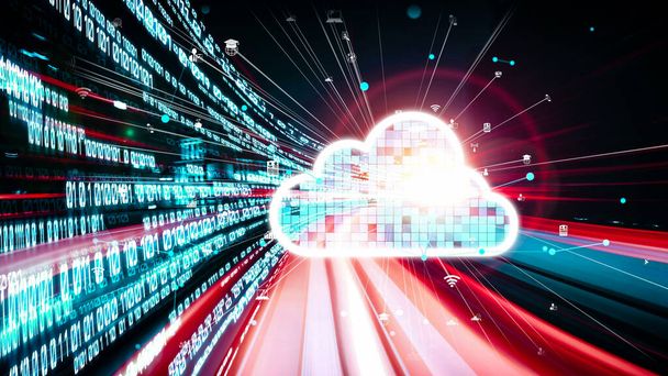 Cloud computer and online data storage with tacit intelligent sharing software . Concept of smart digital transformation and technology disruption that changes global trends in new information era . - 写真・画像