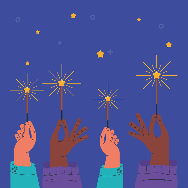 Hände mit Feuerwerk feiern Ikone - Vektor, Bild