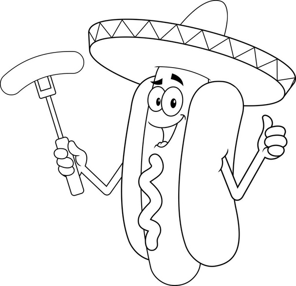 Cartone animato messicano con una salsiccia su una forchetta. Illustrazione disegnata a mano vettoriale isolata su sfondo trasparente - Vettoriali, immagini