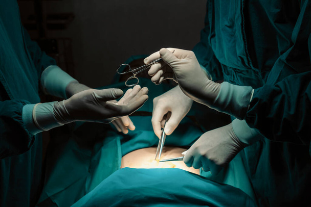 Imagen del equipo quirúrgico realiza operación quirúrgica, enfermera reparte tijeras estériles al cirujano como apoyo y cooperativo en concepto de sala de operaciones. - Foto, imagen