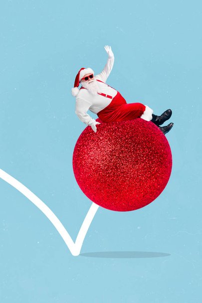 Creative photo 3d collage postcard poster brochure picture of fairy character santa sitting moving big ball isolated on painting background. - Foto, imagen