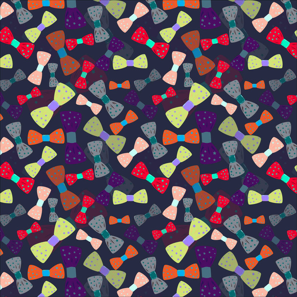 Seamless pattern of yellow green crayola, imperial red, roman silver, russian violet, International orange aerospace, melon color polka dot bows on space cadet background. textile design, wallpaper. - Vector, Image