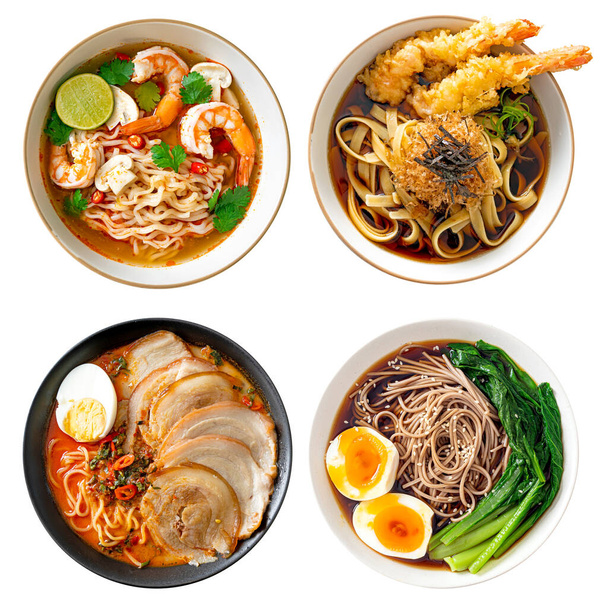 colección de japonés fideos ramen cuencos, vista superior asiático alimentos conjunto aislado - Foto, Imagen