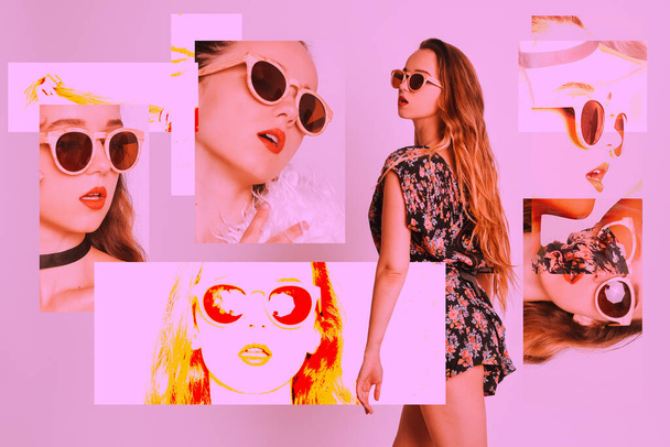 Sunglasses on a girl, a model advertises glasses, a collage, a lot of stylish photos. Woman posing with sunglasses Pink toning and pop-art - Photo, Image