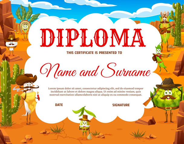 Kids diploma of cartoon cowboy, indian, sheriff and bandit vegetable characters. Vector certificate award with Western veggie personages, Wild West diploma, cute bean, corn, radish with hats and guns - Vector, Image