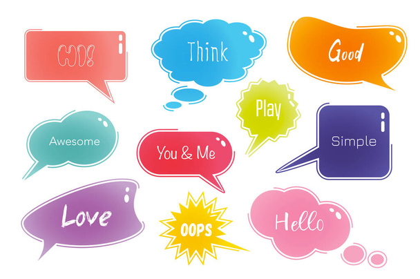 Speech bubbles set in cartoon design. Bundle of different shapes of dialog windows with inscriptions like Hi, Think, Good, Awesome, Hello, Play and other isolated flat elements. Illustration - Photo, Image