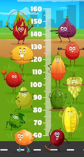 Lasten korkeus kaavio sarjakuva hedelmiä merkkiä kunto. Lasten kasvu mittari mittakaavassa hymyilevä pitaya, viikuna ja meloni, litsi, hymyilevä papaija eksoottisia hedelmiä ja karambola tekee harjoituksia - Vektori, kuva