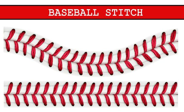 Baseball lace pattern. Baseball ball realistic stitch. Sport tournament or championship 3d vector background or backdrop with realistic white leather hardball, red thread seam - Vector, Image