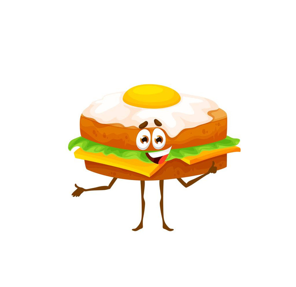 Cartoon-Burger mit Ei lustigen Charakter. Kawaii Vektor Fastfood isolierte Persönlichkeit, niedliches Fastfood zum Mitnehmen mit lächelndem Gesicht. Happy Junk Mahlzeit Emoji mit Käse, Salat und Ei obendrauf - Vektor, Bild