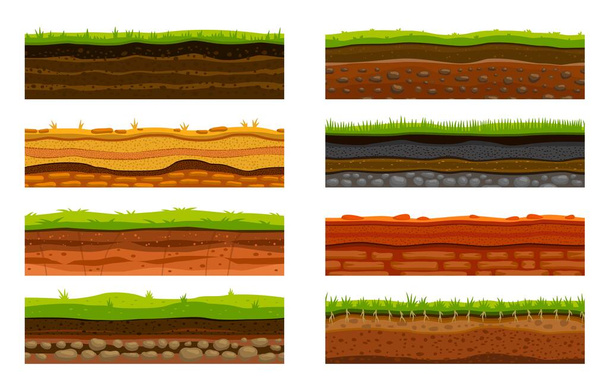 Bodenschichten, kartoonebene Oberflächenlandschaft, Vektorspiel. Cartoon-Spiel Ebene und Plattform des Bodens und unterirdischen Schichten, Grashügel, Wüstensand und Steinfelsen Oberflächen - Vektor, Bild