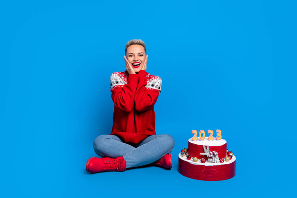 Full length photo of nice cute woman wear red ugly ornament sweater touch cheeks surprised xmas pie unexpected isolated on blue color background. - Фото, изображение
