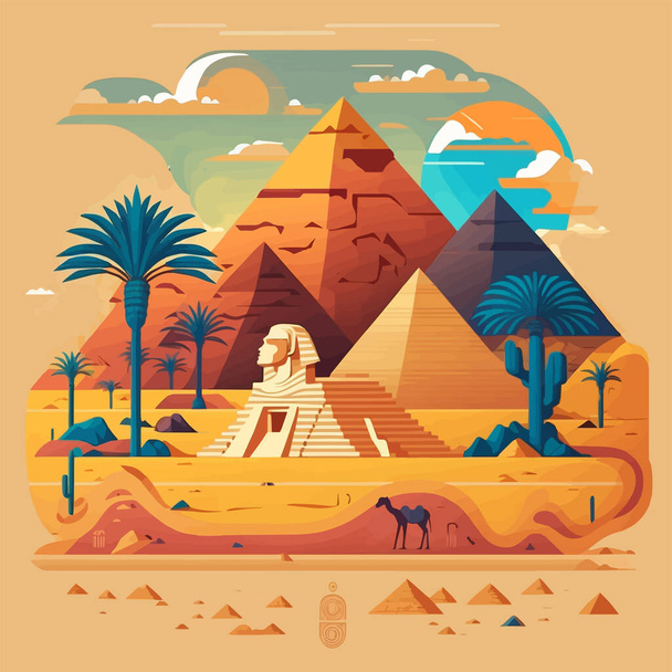 Пирамида египетского фона. Исторические символы египтян. Египетский ориентир пирамиды архитектуры, плоский вектор иллюстрации туризма ориентир - Вектор,изображение