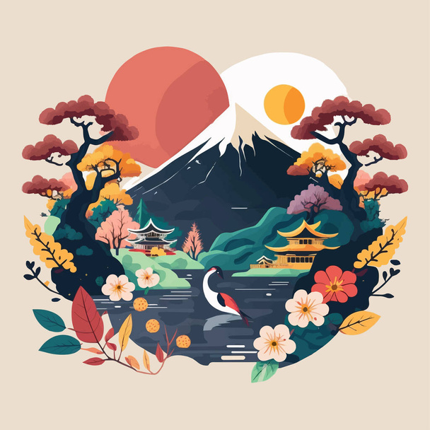 ilustrace Fuji nahoru Japonsko Cestovní destinace koncept, cestovní ruch mezník plochý barevný styl vektor - Vektor, obrázek