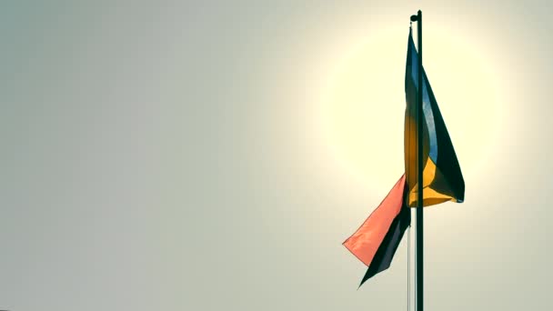 Silhouette der Flagge der Ukraine und der Flagge der ukrainischen Aufständischen Armee. Kontrastsonnenstrahlen erhellen die Silhouette der Flaggen vor dem Hintergrund des blauen Himmels. - Filmmaterial, Video