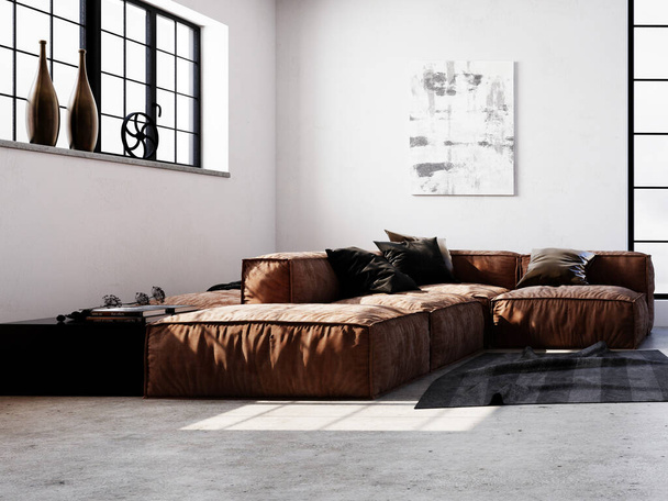 Falsificare un soggiorno elegante con un grande divano ad angolo e uno sfondo leggero alla moda, rendering 3d. - Foto, immagini