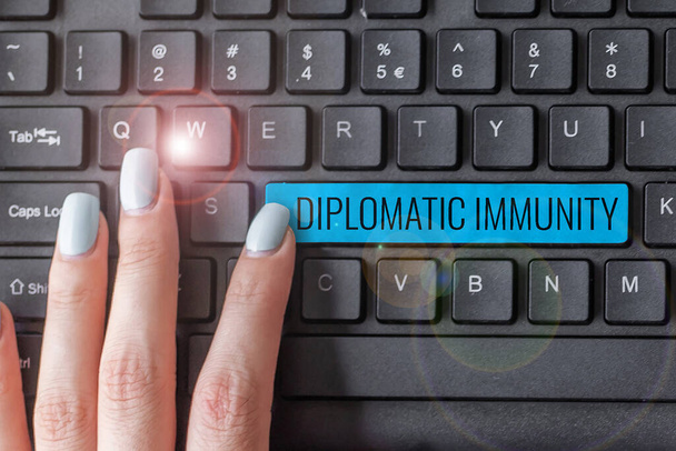 Writing displaying text Diplomatic Immunity, Word for law that gives foreign diplomats special rights in the country they are working - Photo, Image