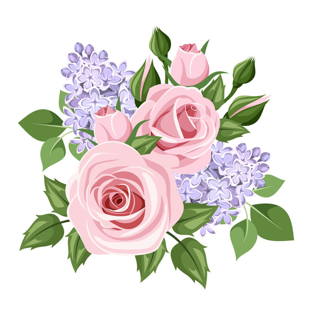 Pink roses and lilac flowers. Vector illustration. - Vector, Imagen