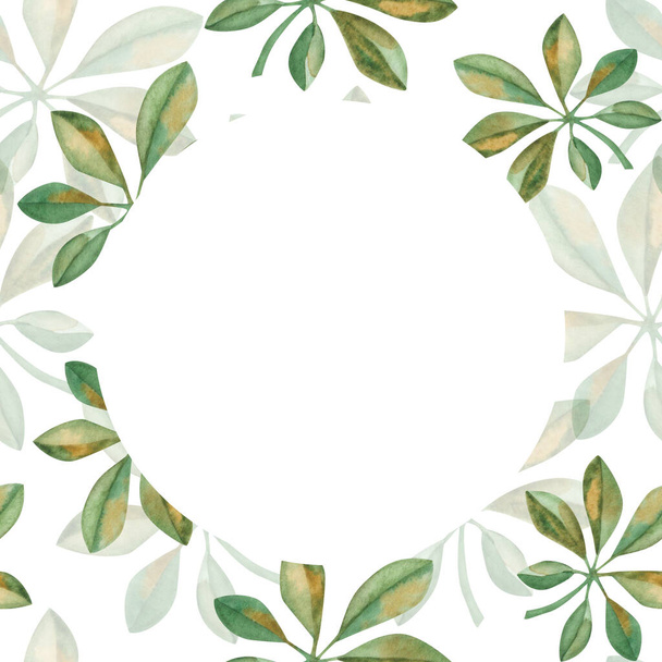 Акварельна рамка. Ручна розфарбована ілюстрація зеленого, жовтого листя шефлера. Тропічне листя. Джунглі, рослина тропічних лісів. Природа. Порожній шаблон для вітальних листівок, листівок на день народження, запрошень
 - Фото, зображення