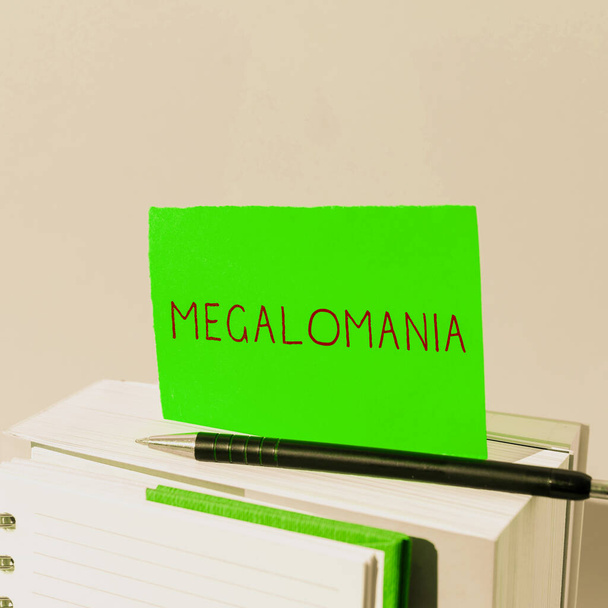 Escrevendo exibindo texto Megalomania, Business abordagem doença mental que é marcada por sentimentos de onipotência pessoal - Foto, Imagem