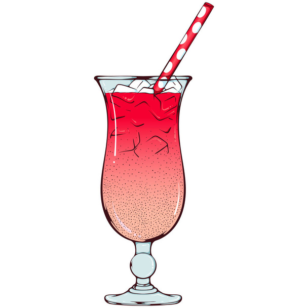 Cocktail rosa com gelo e palha. Ilustrações de cores vetoriais em estilo desenho animado desenhado à mão. Feche o vidro com a bebida alcoólica isolada no branco. Elemento para colorir livro, design, impressão. - Vetor, Imagem