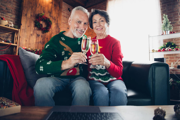 Portrait of two cheerful idyllic people sitting couch hands hold champagne glass clink enjoy festive time indoors. - Foto, imagen