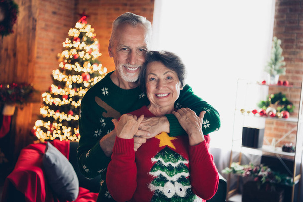 Portrait of two soulmates lovers toothy smile cuddle enjoy christmastime miracle garland illumination indoors. - Foto, immagini